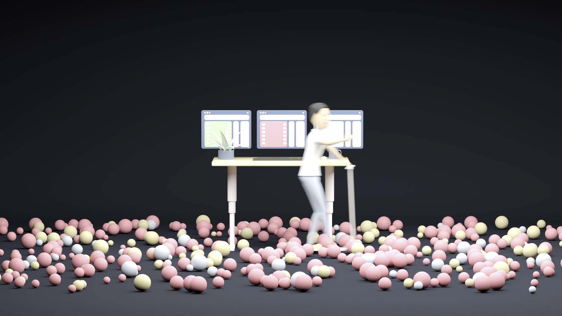 A co-worker enters the workspace represented by a height-adjustable desktop. The co-worker uses an e-scooter. In the room, there are numerous rolling balls representing itesign-developed apps.